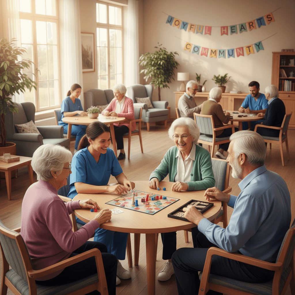 Residents and caregivers enjoying activities together in common room