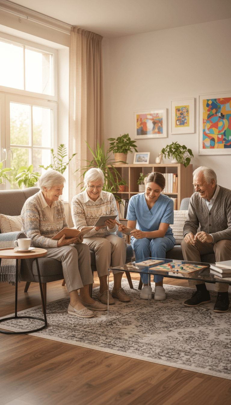 EKIS elderly residents enjoying daily activities in comfortable common area with professional caregiver