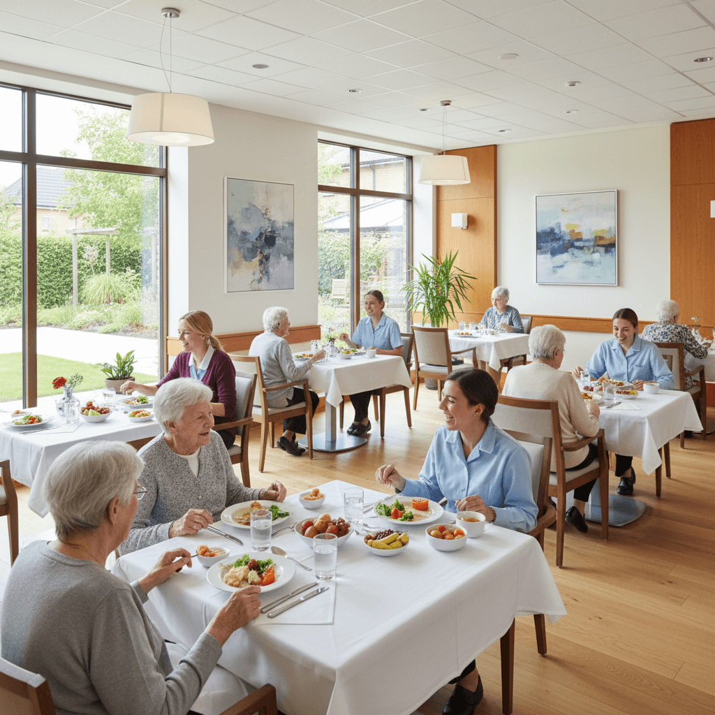 Residents dining together in community dining area