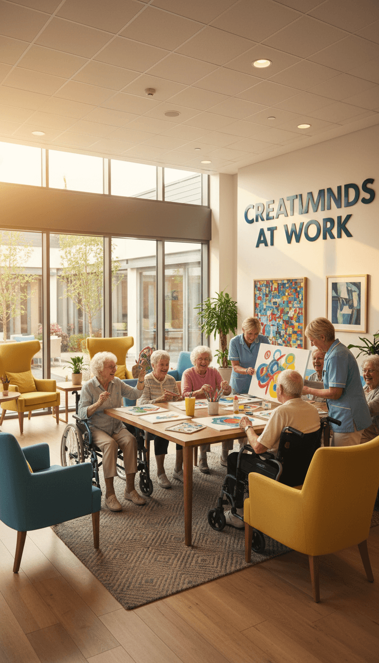 Elderly residents enjoying an engaging activity together in a comfortable common area at EKIS nursing home