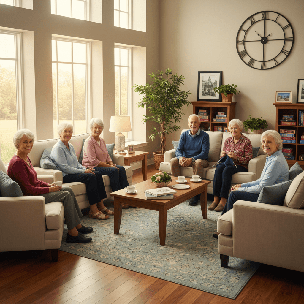 Residents relaxing in comfortable community lounge