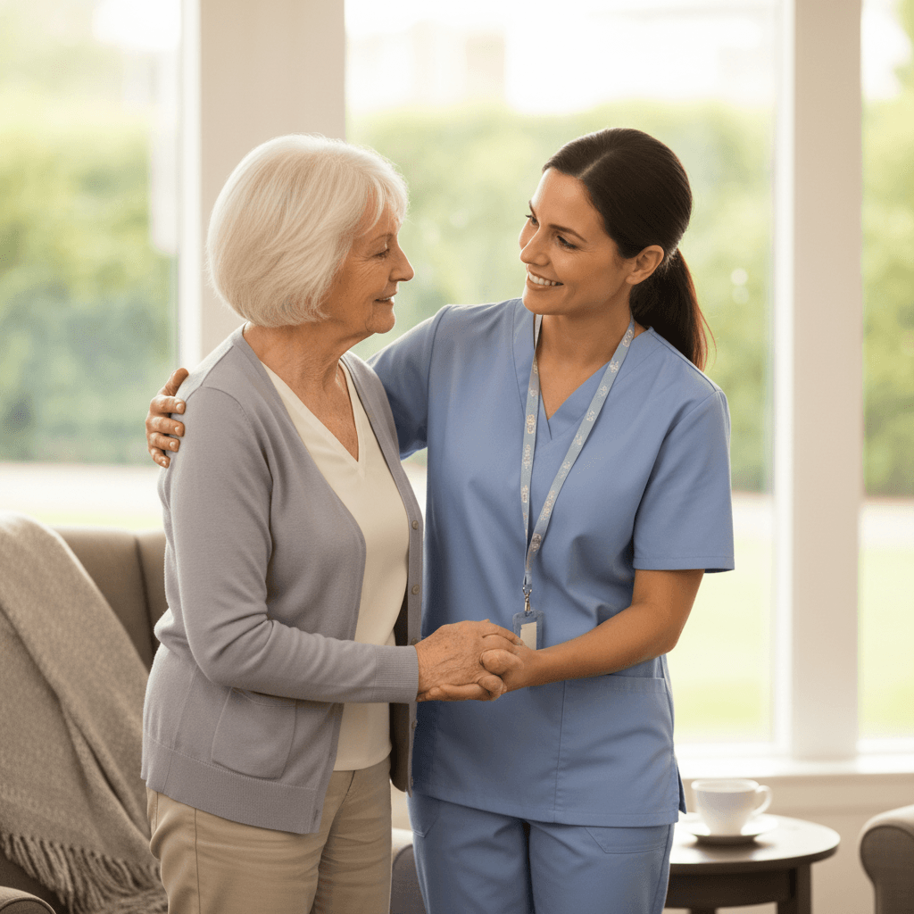 Professional caregiver providing support at nursing home