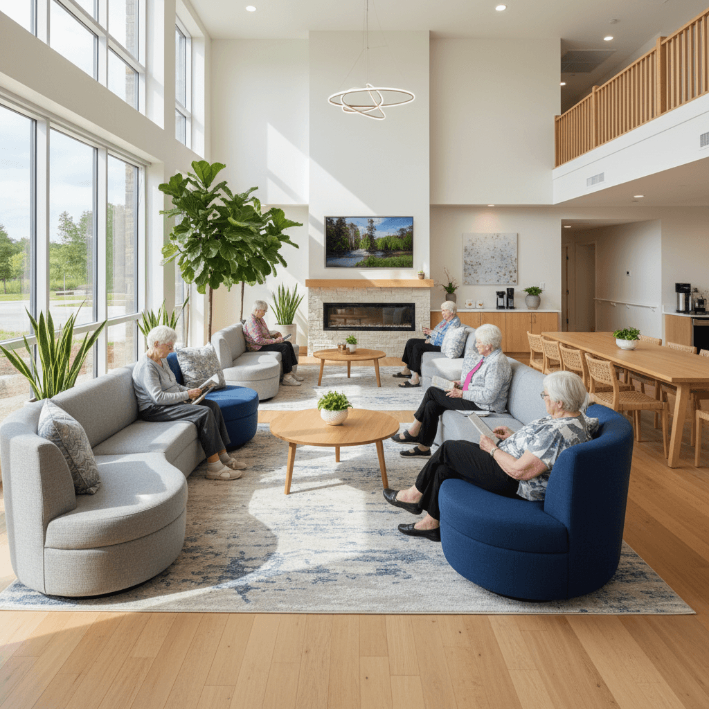 Bright common area at EKIS with comfortable seating and natural lighting