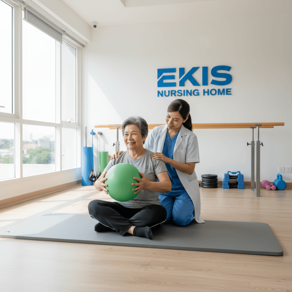 Physiotherapy session with resident and caregiver