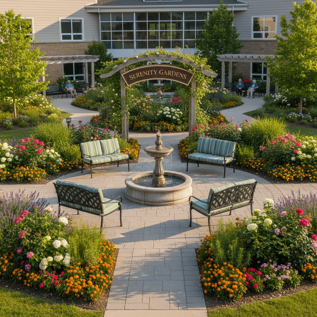 Peaceful garden area for residents at EKIS facility