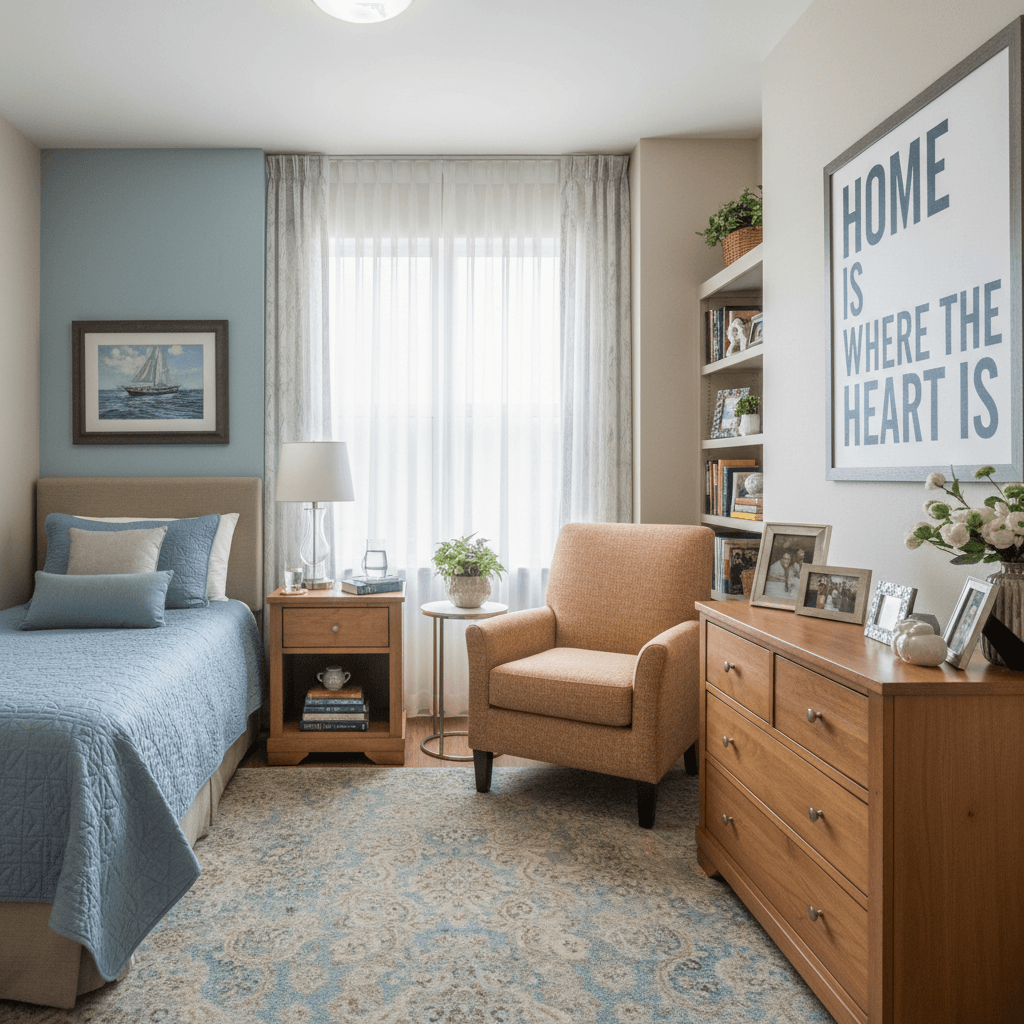 Private resident room at EKIS nursing home with comfortable bedding