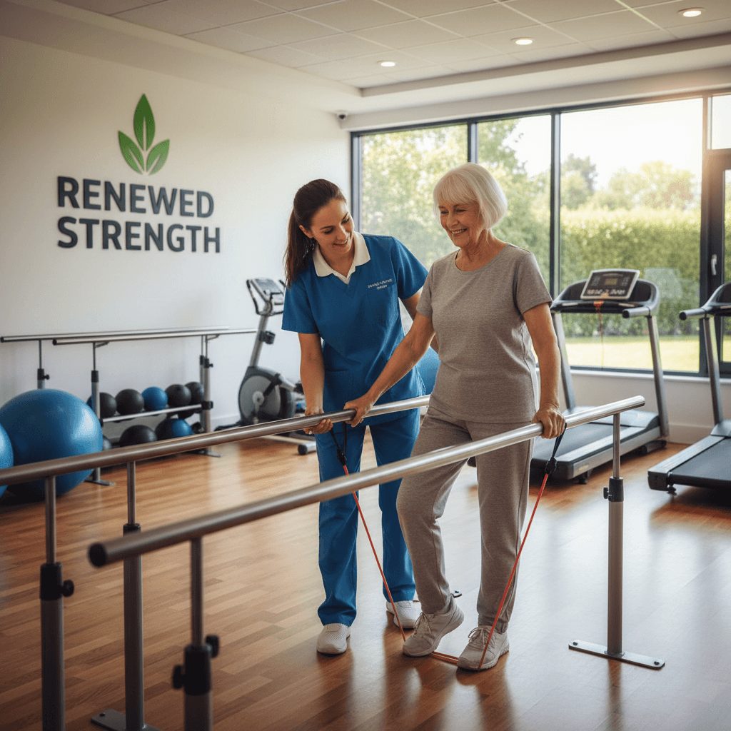 Physiotherapy session with resident and caregiver