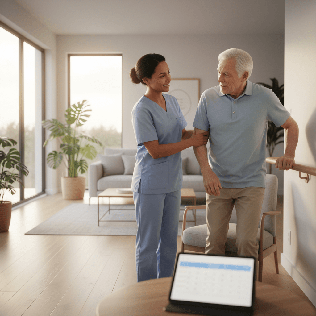 Caregiver providing hands-on support to elderly resident