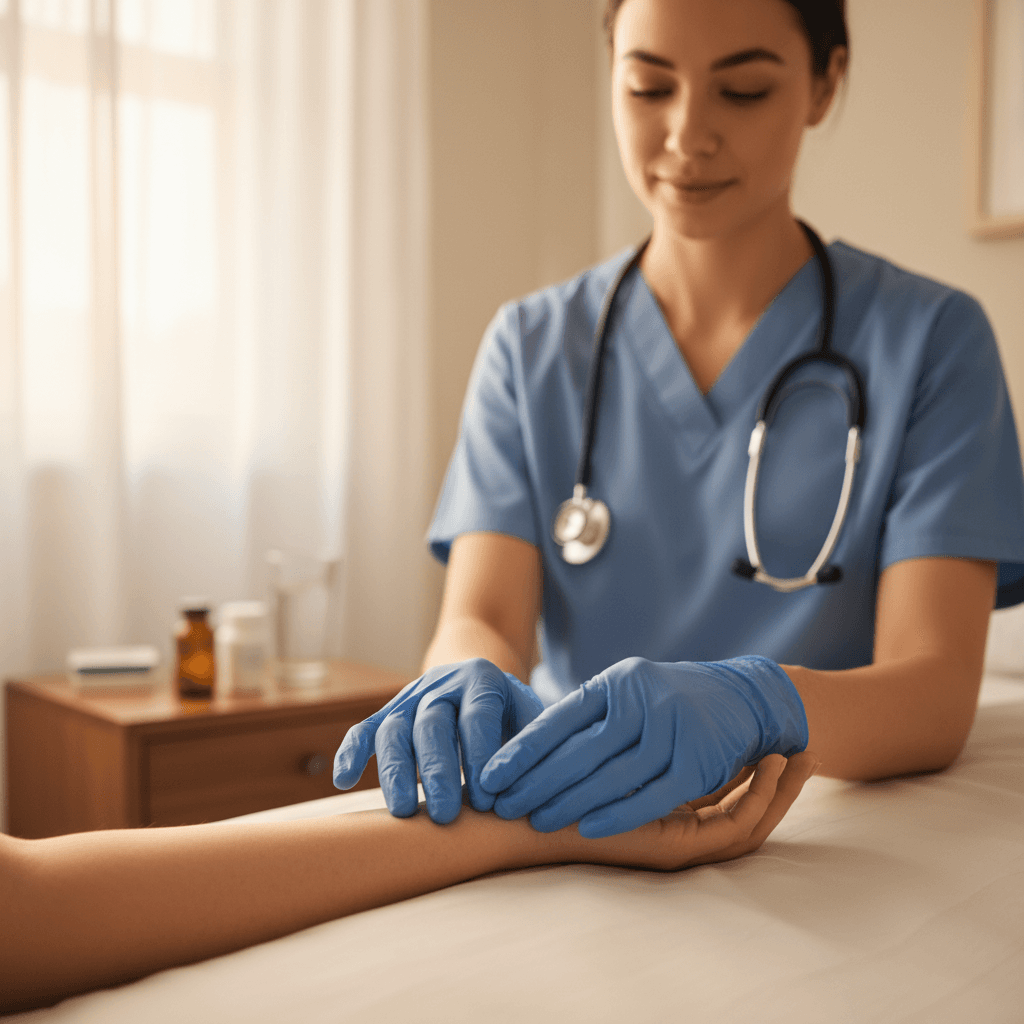 Nurse providing medical care to elderly patient