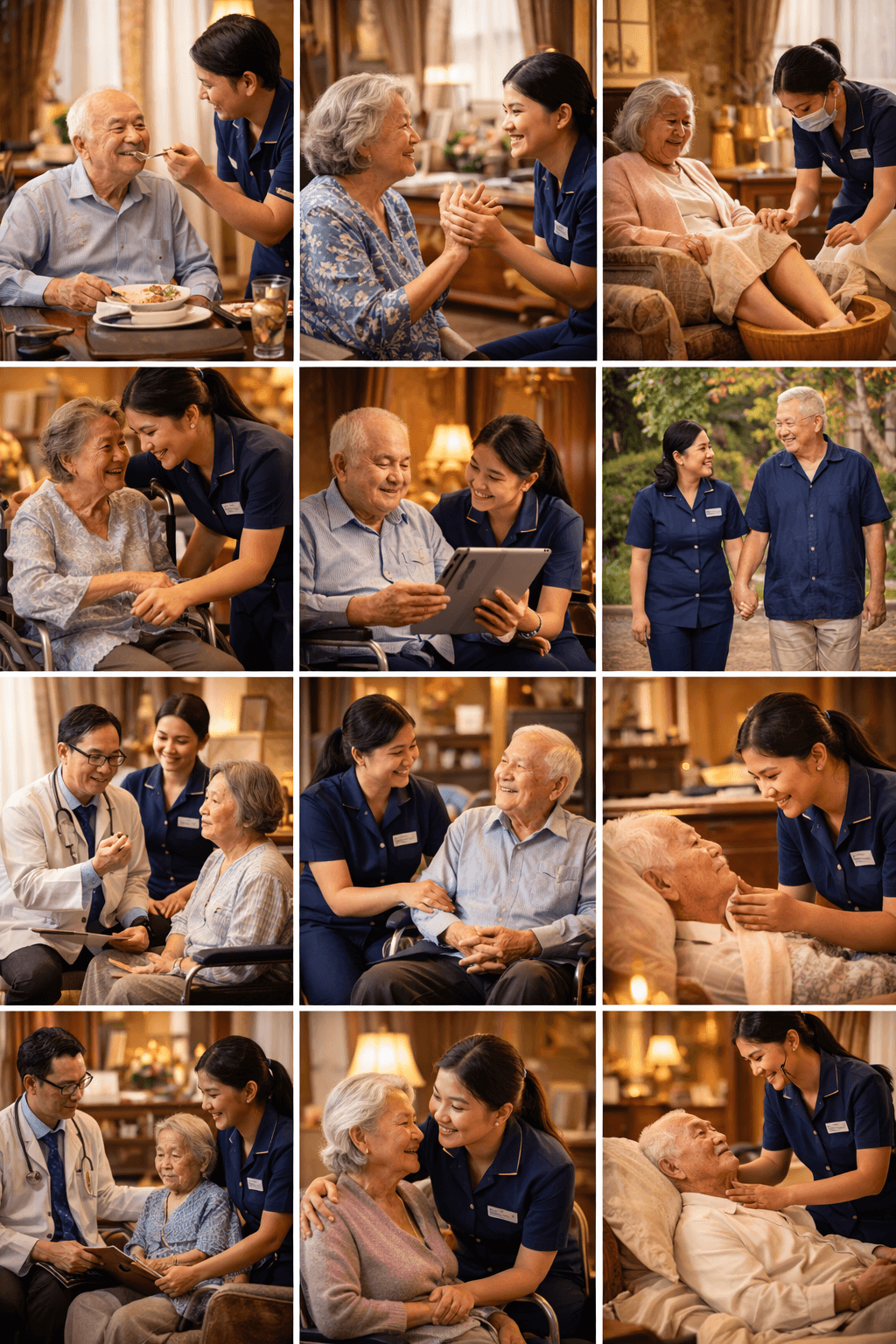 Collage of caregivers in blue uniforms providing compassionate support and medical assistance to seniors.