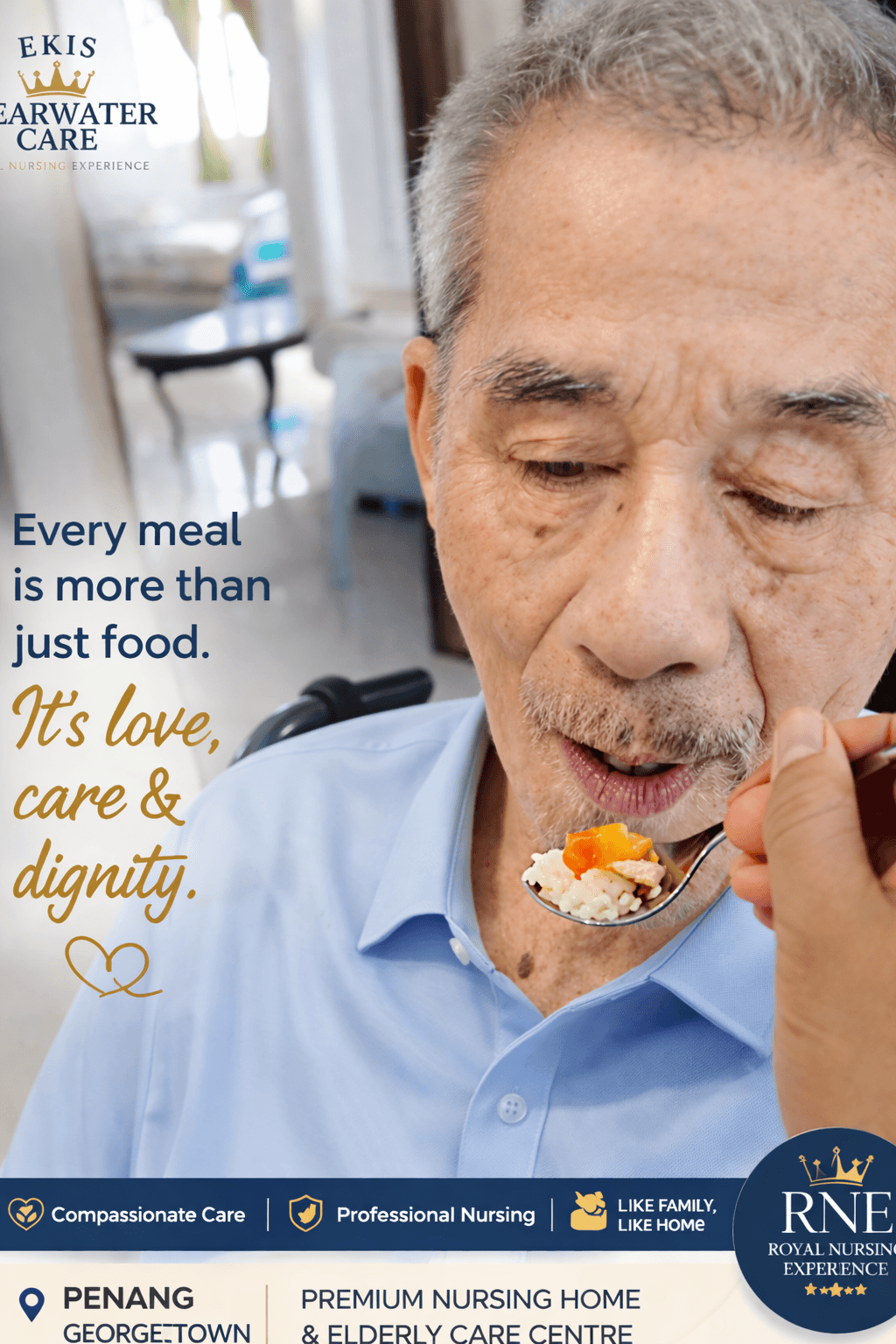 Elderly man being fed a spoonful of food by a caregiver in a nursing home.