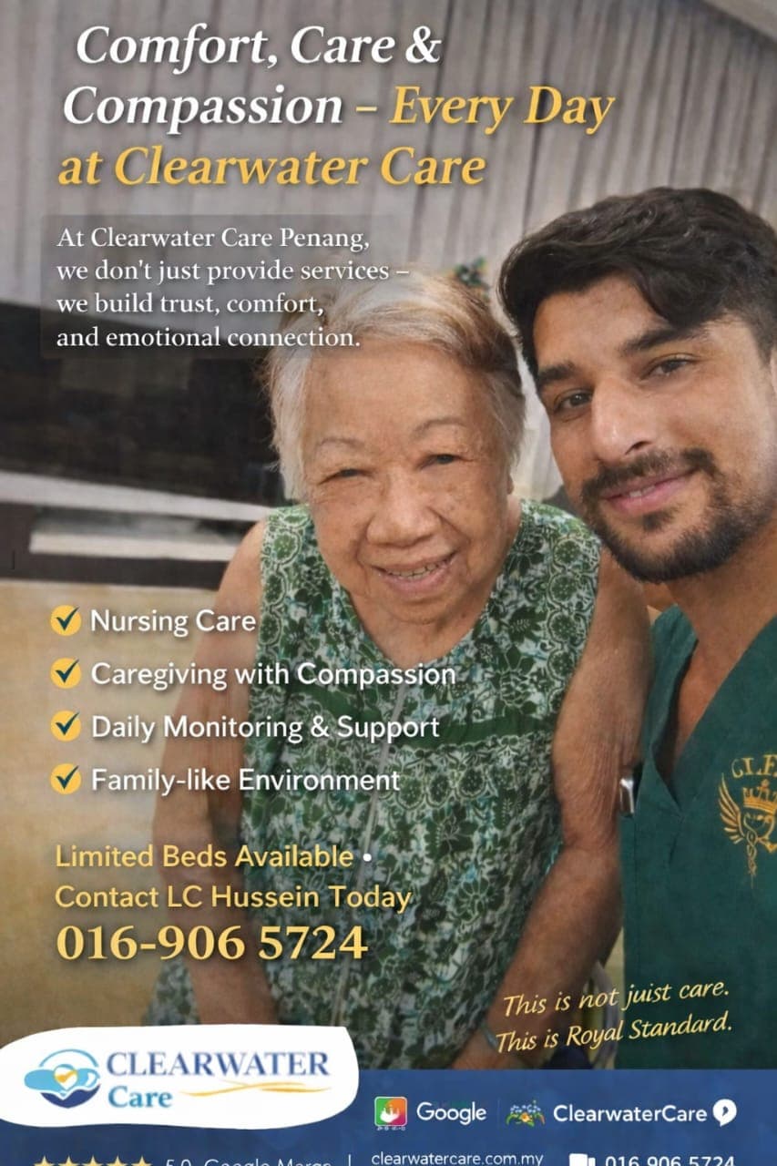 Smiling elderly woman and male caregiver in green scrubs promoting Clearwater Care nursing and compassion.