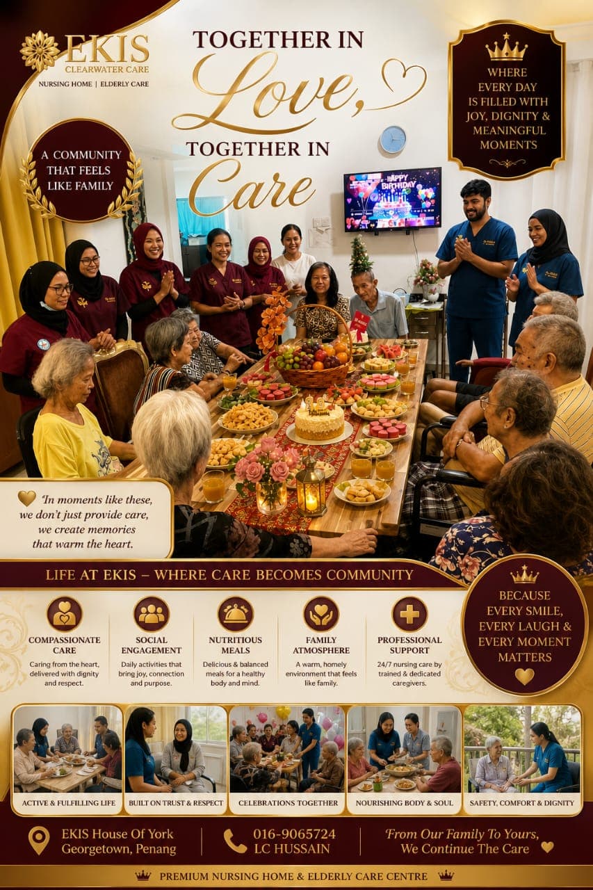 Promotional poster for EKIS Clearwater Care showing elderly residents and staff celebrating around a table.